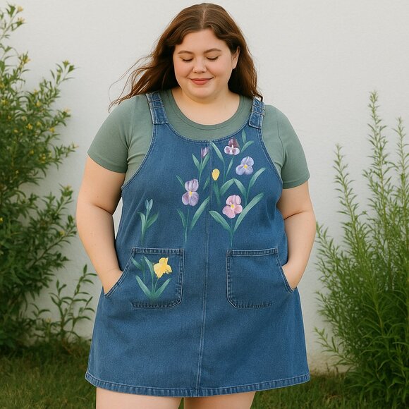 HAIK’S Vintage Denim Jumper Dress Floral Hand-Painted Look Plus Size 18W - Picture 1 of 6